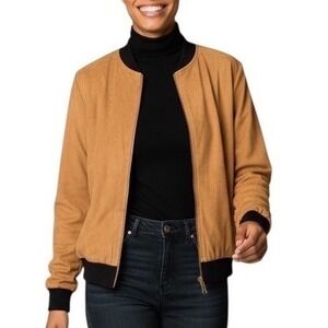 It Girl‎ Womens Tan Faux Suede Microfiber Bomber Jacket Black Trim Size Large